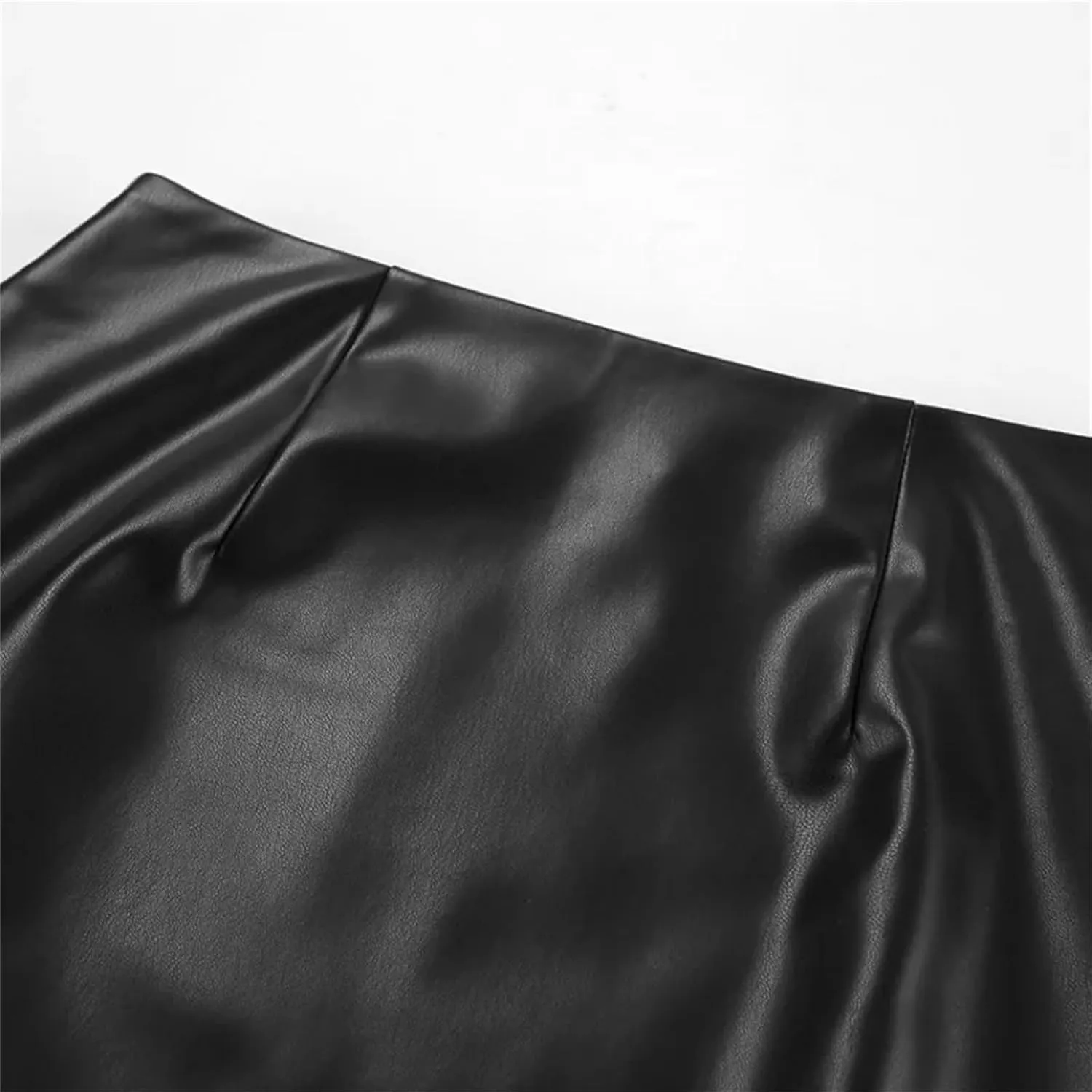 Women Black Leather Midi Skirts Fashion High Waisted Split Slit Hem A-Line Leather Pencil Skirts