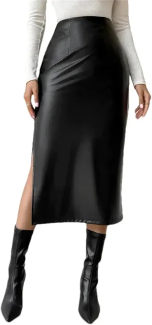 Women Black Leather Midi Skirts Fashion High Waisted Split Slit Hem A-Line Leather Pencil Skirts