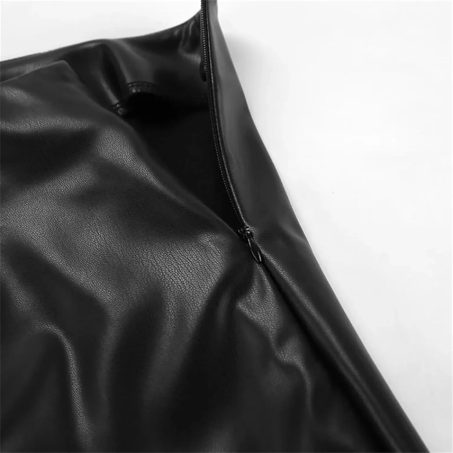 Women Black Leather Midi Skirts Fashion High Waisted Split Slit Hem A-Line Leather Pencil Skirts