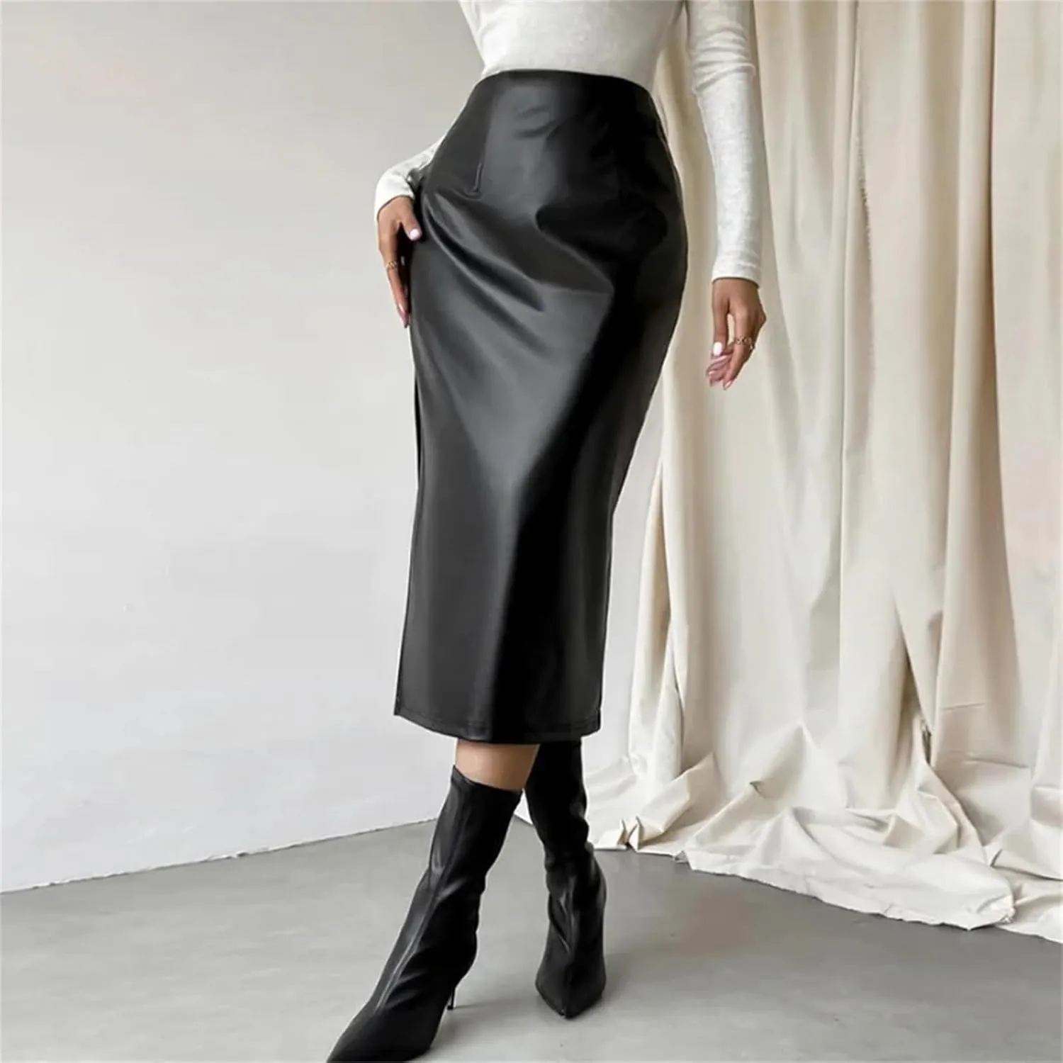 Women Black Leather Midi Skirts Fashion High Waisted Split Slit Hem A-Line Leather Pencil Skirts