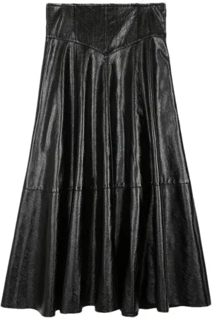 Women Black Shiny Patent Leather Midi Skirt Elegant High Waist Hem A Line Umbrella Skirts