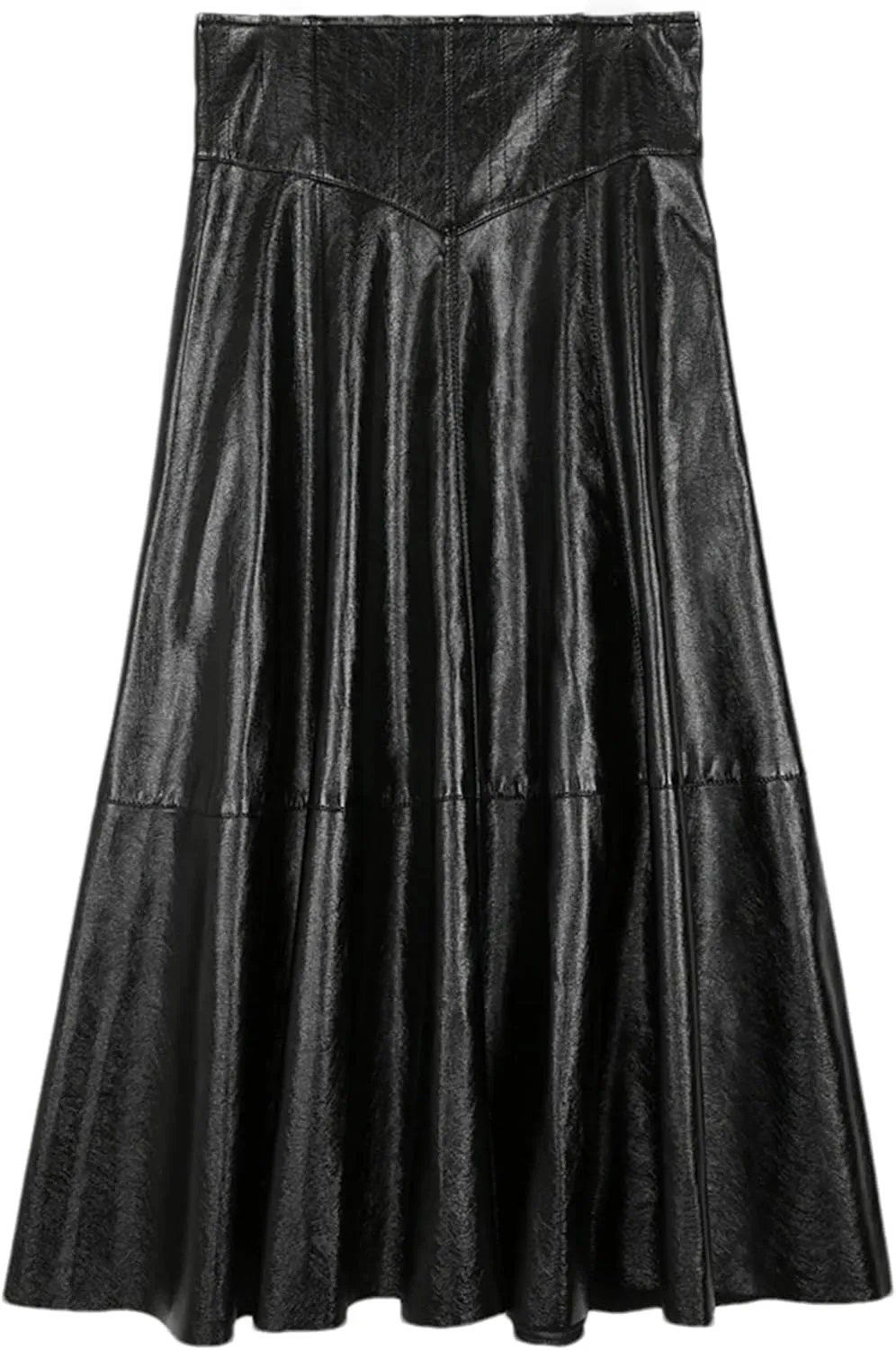 Women Black Shiny Patent Leather Midi Skirt Elegant High Waist Hem A Line Umbrella Skirts