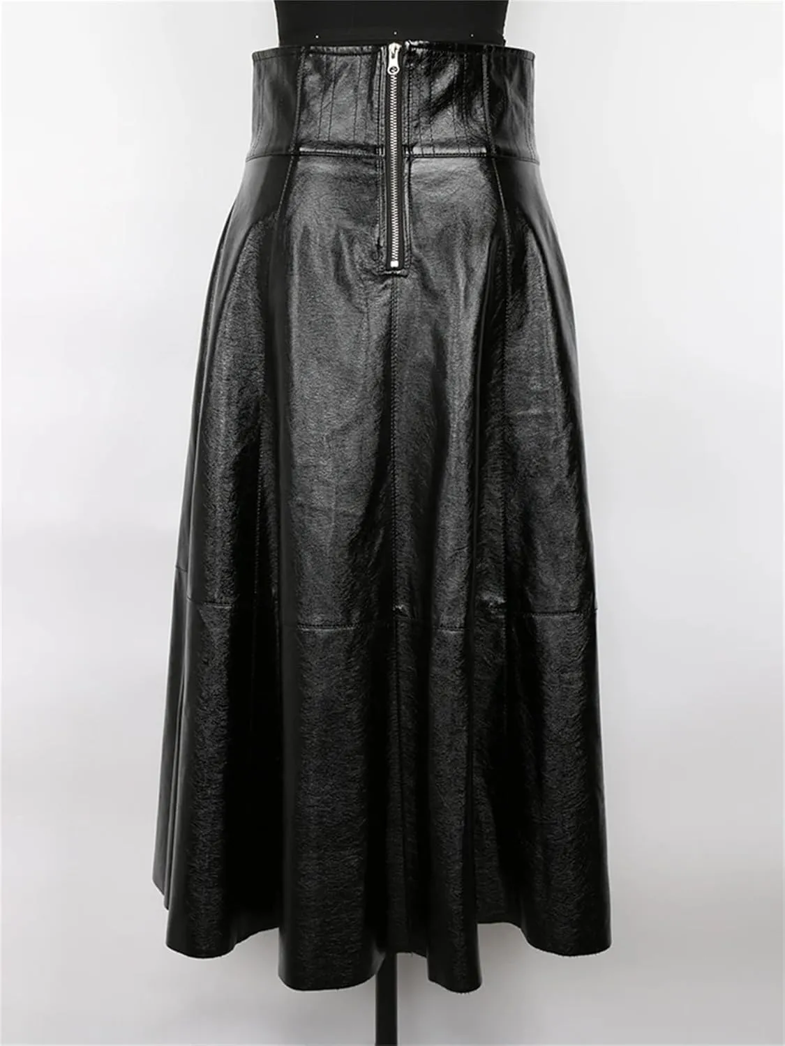 Women Black Shiny Patent Leather Midi Skirt Elegant High Waist Hem A Line Umbrella Skirts
