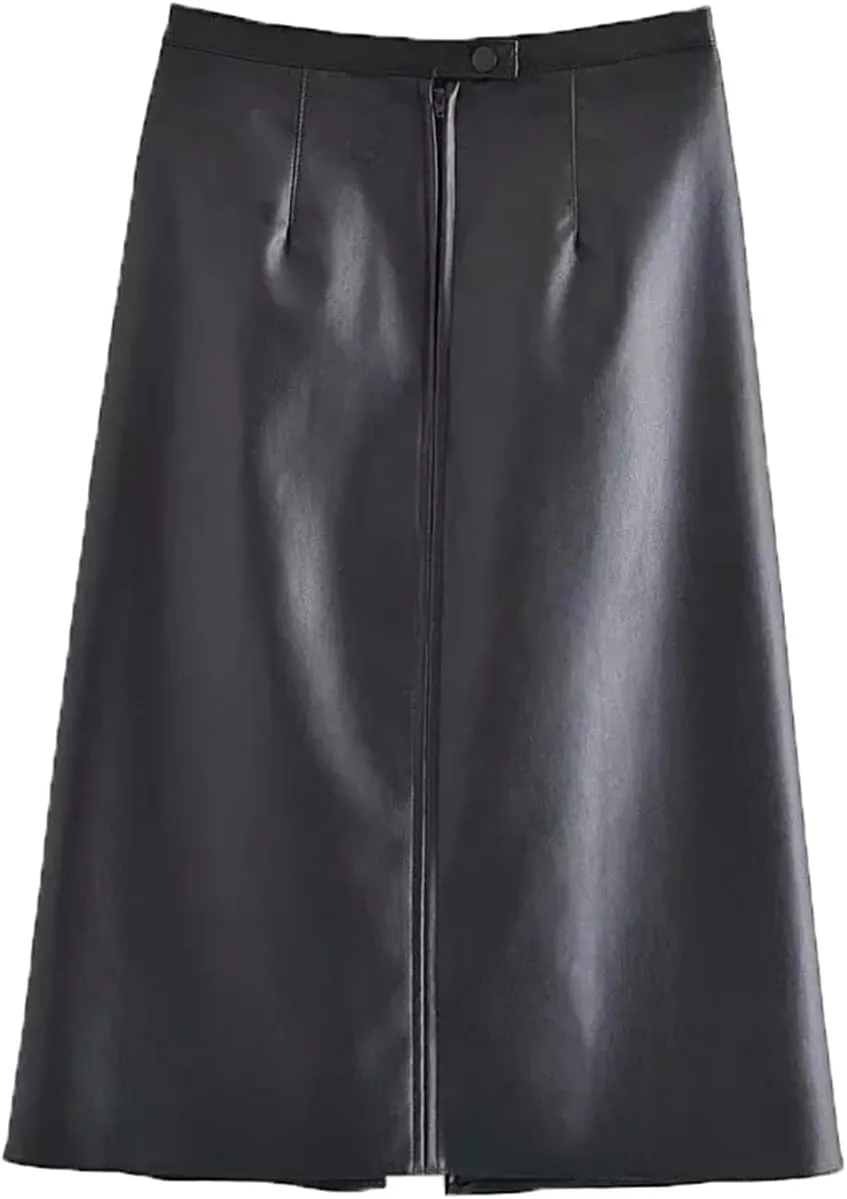 Women Brown Slim A-Line Front Slit PU Leather Midi Skirts High Waisted Zipper Pockets Knee Skirts