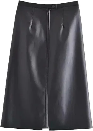 Women Brown Slim A-Line Front Slit PU Leather Midi Skirts High Waisted Zipper Pockets Knee Skirts