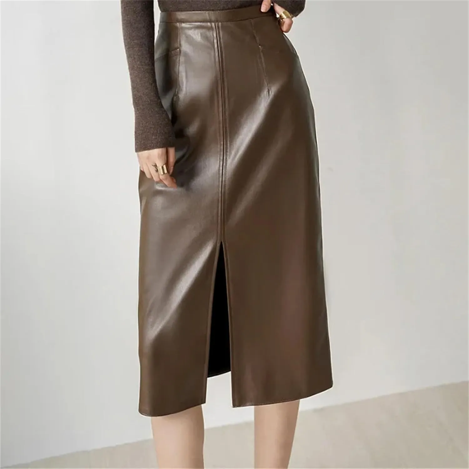 Women Brown Slim A-Line Front Slit PU Leather Midi Skirts High Waisted Zipper Pockets Knee Skirts