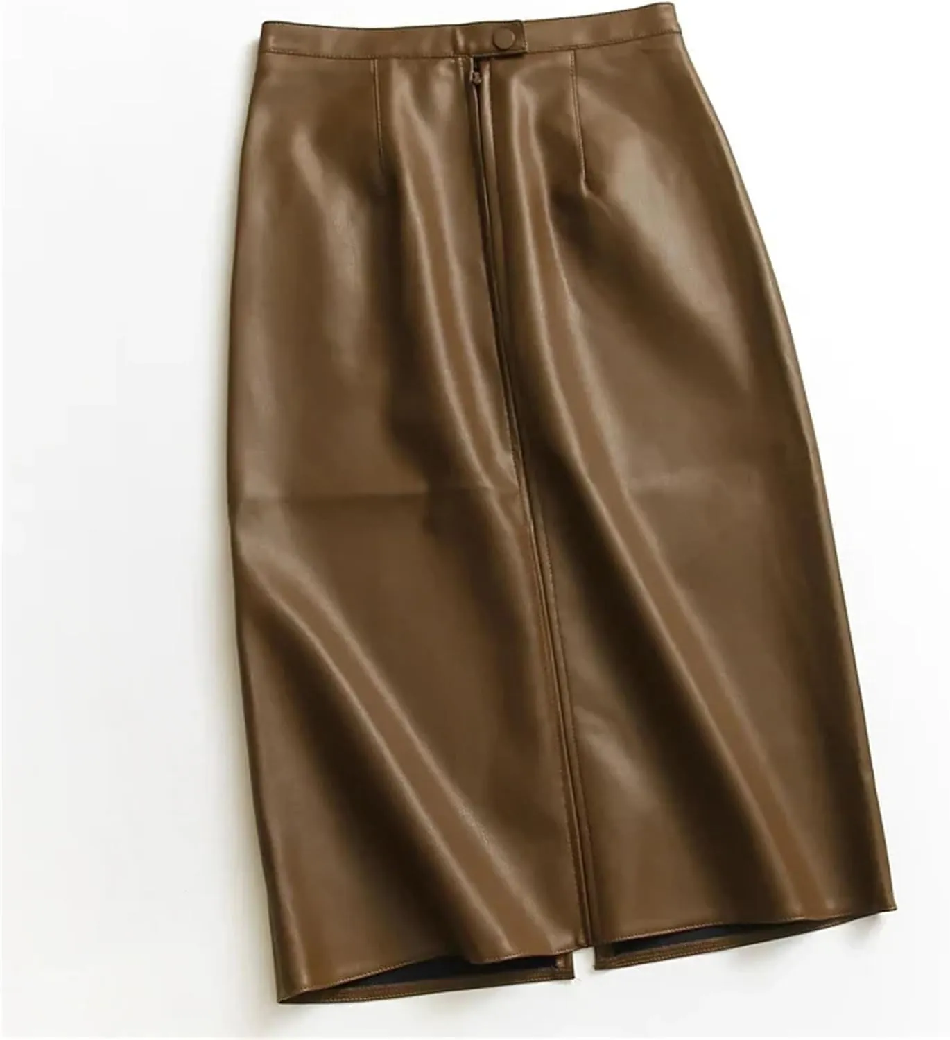 Women Brown Slim A-Line Front Slit PU Leather Midi Skirts High Waisted Zipper Pockets Knee Skirts