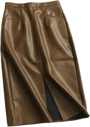 Women Brown Slim A-Line Front Slit PU Leather Midi Skirts High Waisted Zipper Pockets Knee Skirts