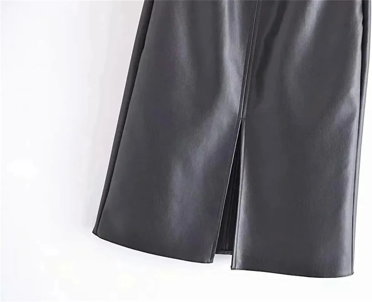 Women Brown Slim A-Line Front Slit PU Leather Midi Skirts High Waisted Zipper Pockets Knee Skirts