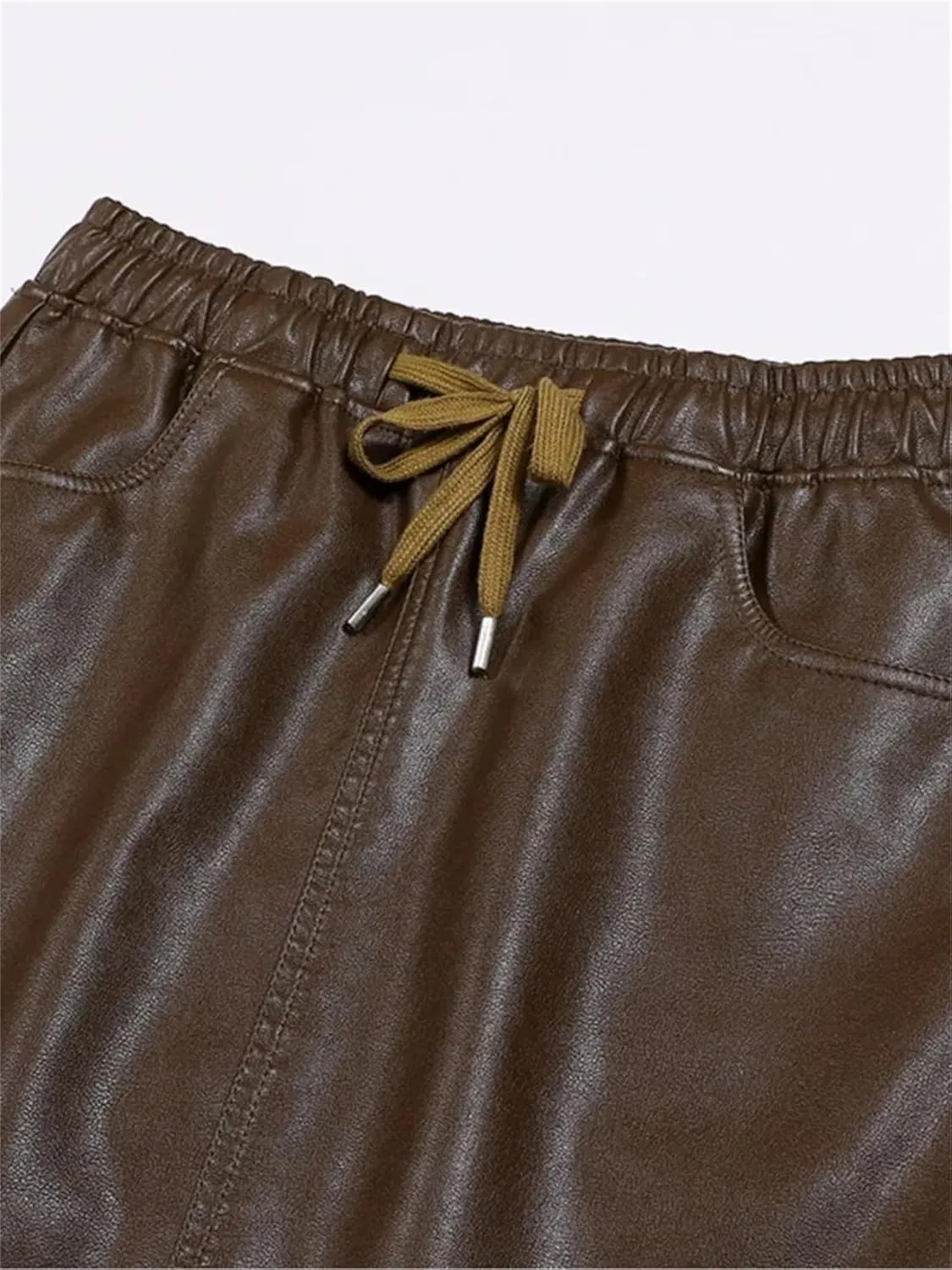 Women Casual Elastic Waist Pu Leather Skirt Winter Elegant Drawstring Bodycon Midi Pencil Skirt
