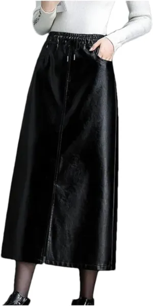Women Casual Elastic Waist Pu Leather Skirt Winter Elegant Drawstring Bodycon Midi Pencil Skirt