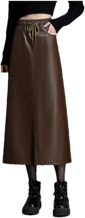 Women Casual Elastic Waist Pu Leather Skirt Winter Elegant Drawstring Bodycon Midi Pencil Skirt