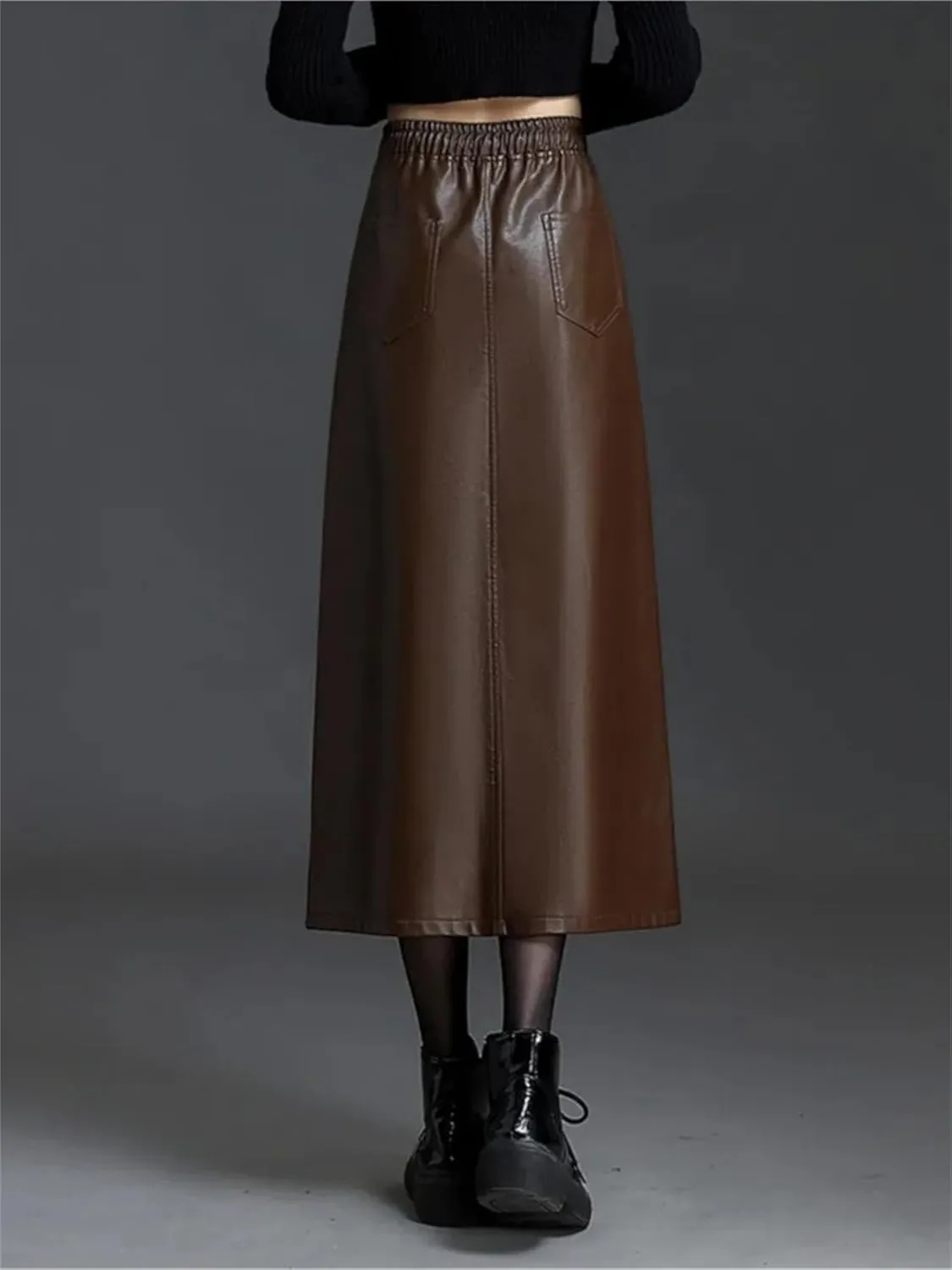Women Casual Elastic Waist Pu Leather Skirt Winter Elegant Drawstring Bodycon Midi Pencil Skirt