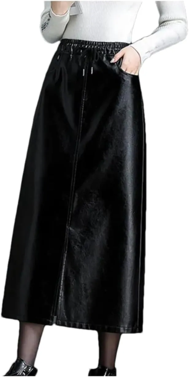 Women Casual Elastic Waist Pu Leather Skirt Winter Elegant Drawstring Bodycon Midi Pencil Skirt