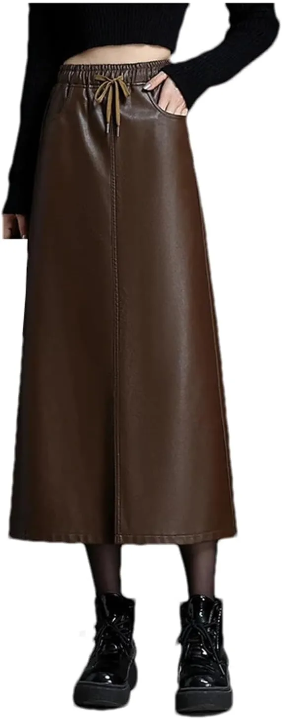 Women Casual Elastic Waist Pu Leather Skirt Winter Elegant Drawstring Bodycon Midi Pencil Skirt