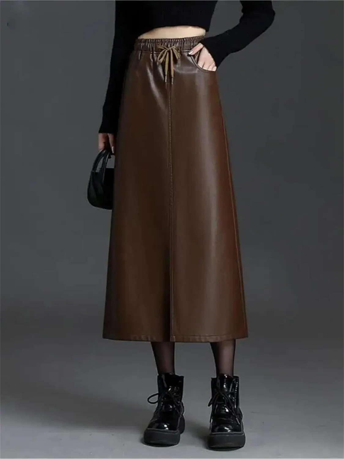 Women Casual Elastic Waist Pu Leather Skirt Winter Elegant Drawstring Bodycon Midi Pencil Skirt