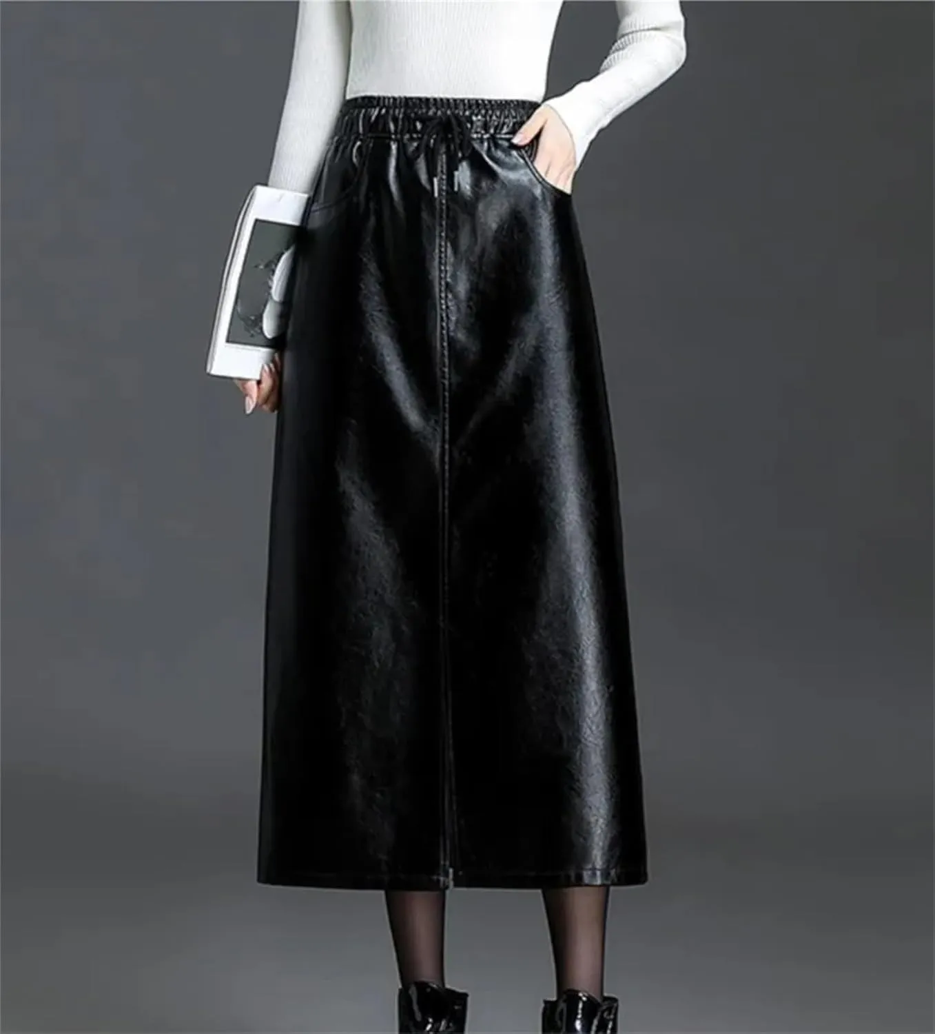Women Casual Elastic Waist Pu Leather Skirt Winter Elegant Drawstring Bodycon Midi Pencil Skirt