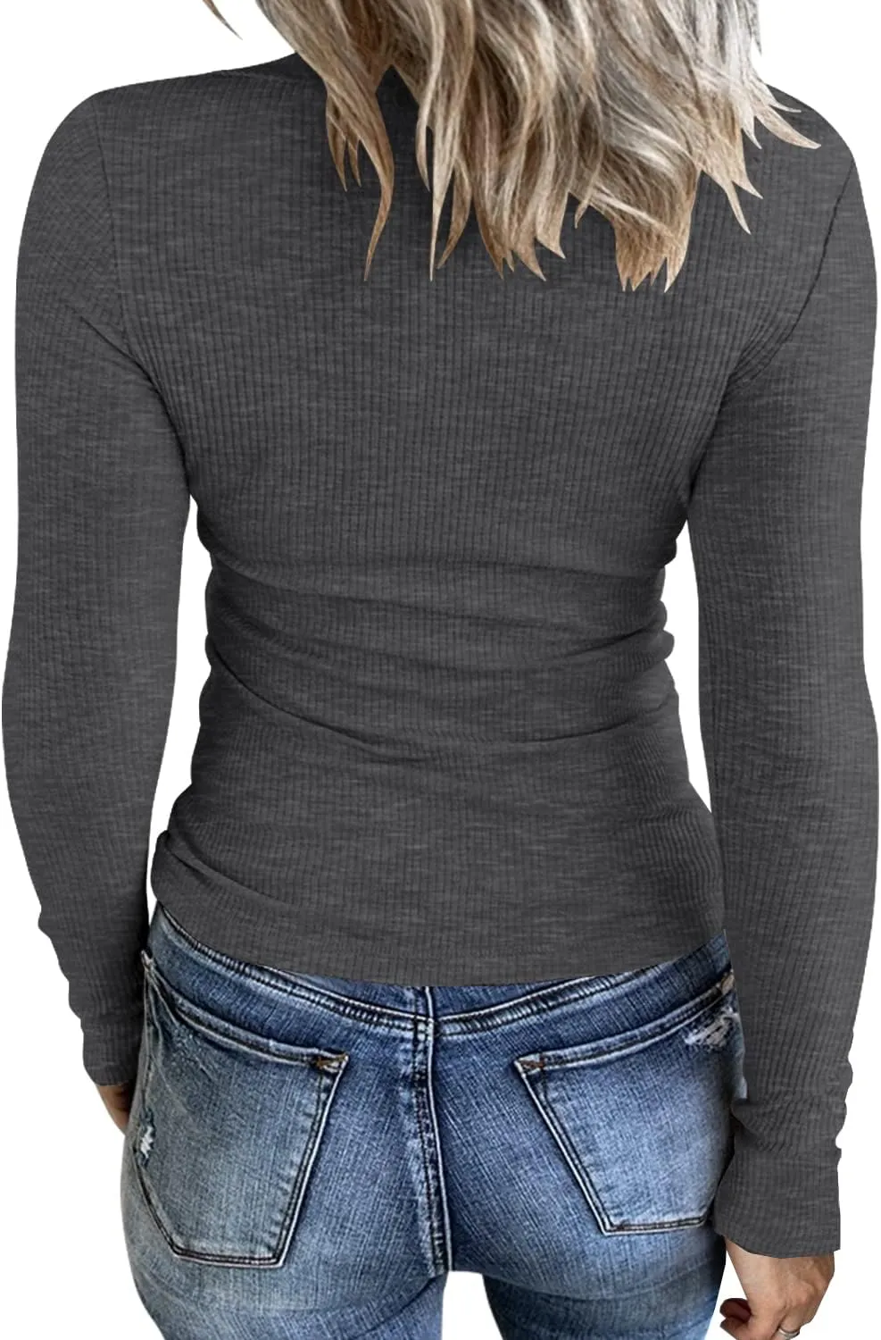 Women Casual Long Sleeve Tunic Tops V-Neck T Shirts Criss Cross Ribbed CasualTee Slim Fitted Fall Blouse