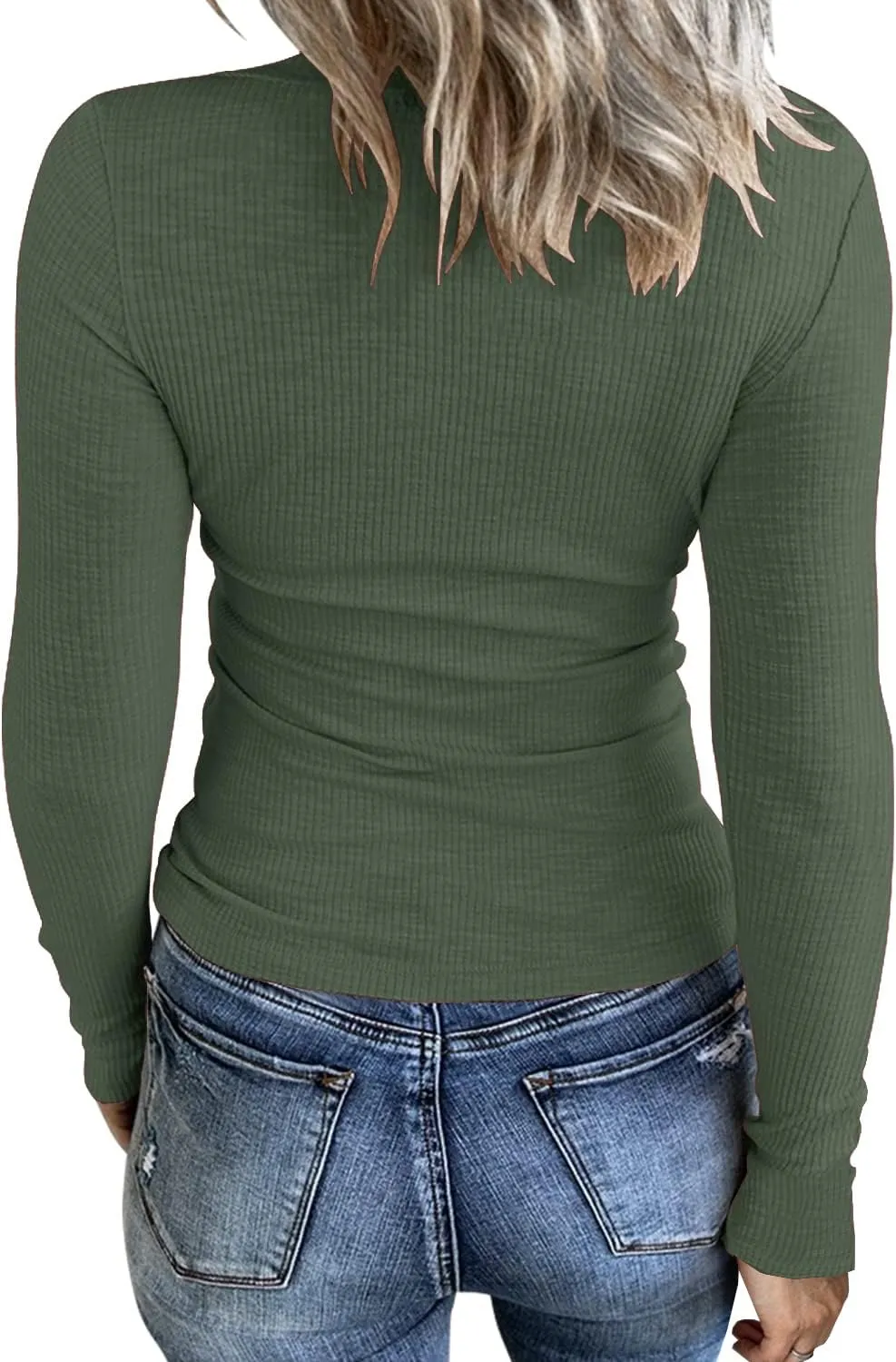 Women Casual Long Sleeve Tunic Tops V-Neck T Shirts Criss Cross Ribbed CasualTee Slim Fitted Fall Blouse