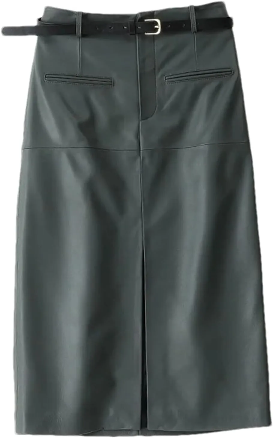 Women High Waisted Sheepskin Skirt Wrap Long Skirt Belt Mid Length Front Slit Knee Length Midi Skirt