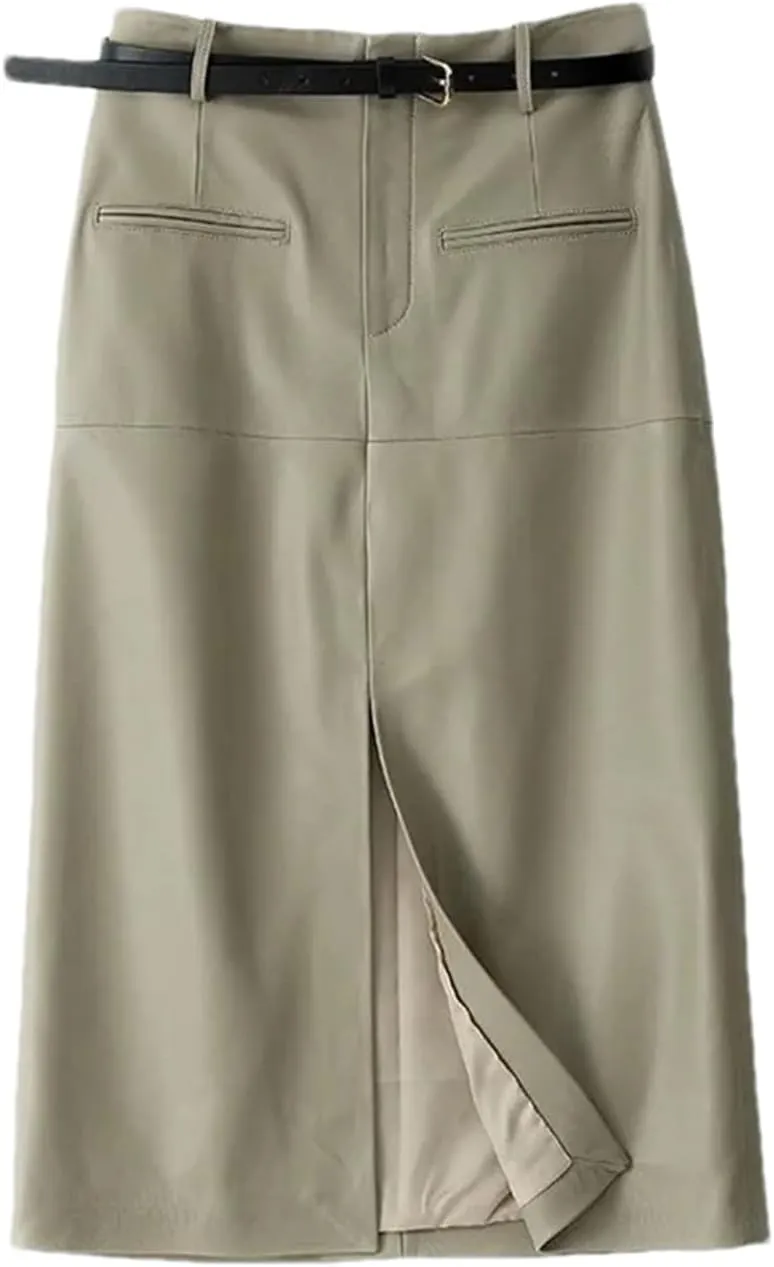 Women High Waisted Sheepskin Skirt Wrap Long Skirt Belt Mid Length Front Slit Knee Length Midi Skirt