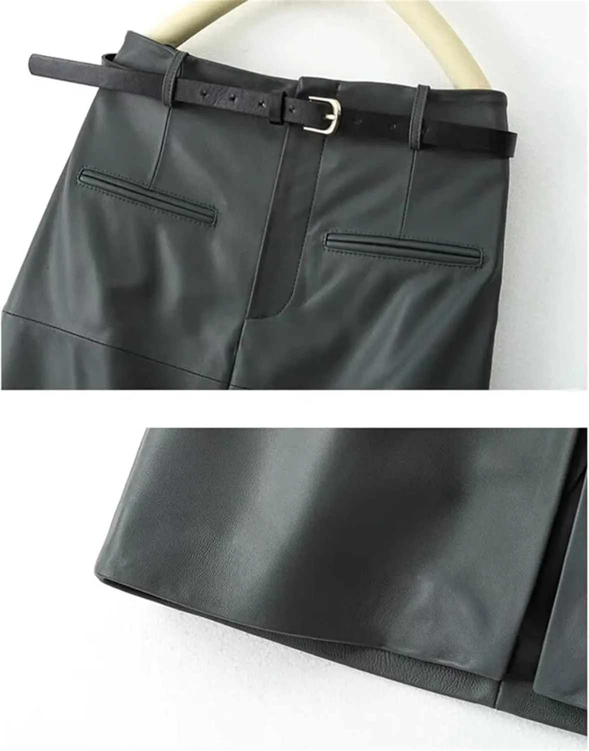 Women High Waisted Sheepskin Skirt Wrap Long Skirt Belt Mid Length Front Slit Knee Length Midi Skirt