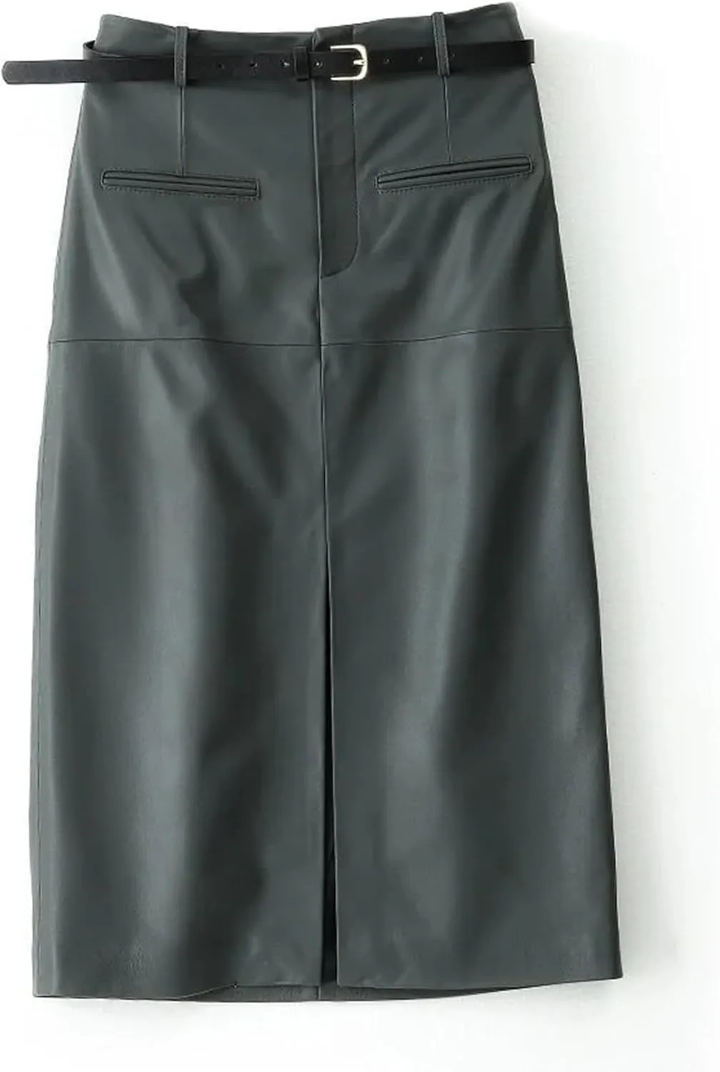 Women High Waisted Sheepskin Skirt Wrap Long Skirt Belt Mid Length Front Slit Knee Length Midi Skirt