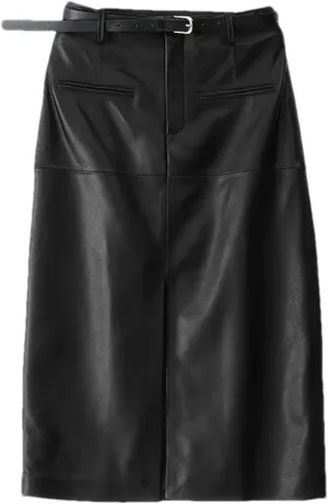 Women High Waisted Sheepskin Skirt Wrap Long Skirt Belt Mid Length Front Slit Knee Length Midi Skirt