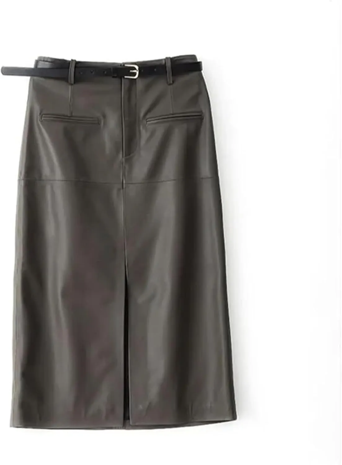 Women High Waisted Sheepskin Skirt Wrap Long Skirt Belt Mid Length Front Slit Knee Length Midi Skirt