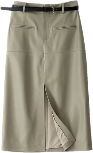 Women High Waisted Sheepskin Skirt Wrap Long Skirt Belt Mid Length Front Slit Knee Length Midi Skirt