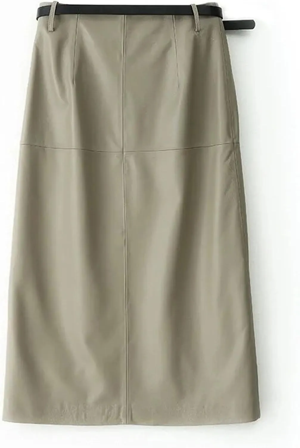 Women High Waisted Sheepskin Skirt Wrap Long Skirt Belt Mid Length Front Slit Knee Length Midi Skirt