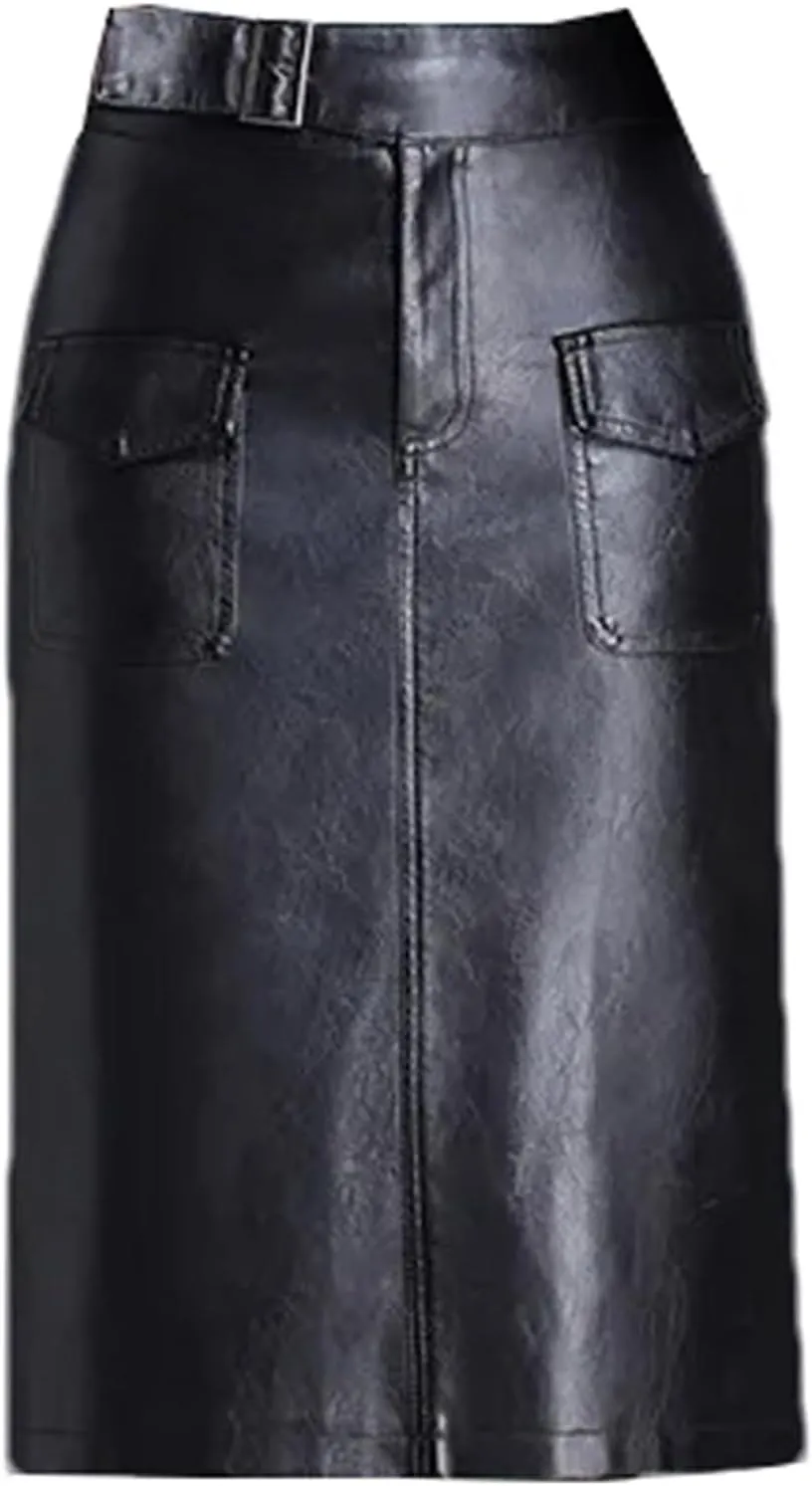 Women Knee Length PU Leather Midi Skirt Solid Color Casual Straight Skirts PU Leather Pencil Skirts