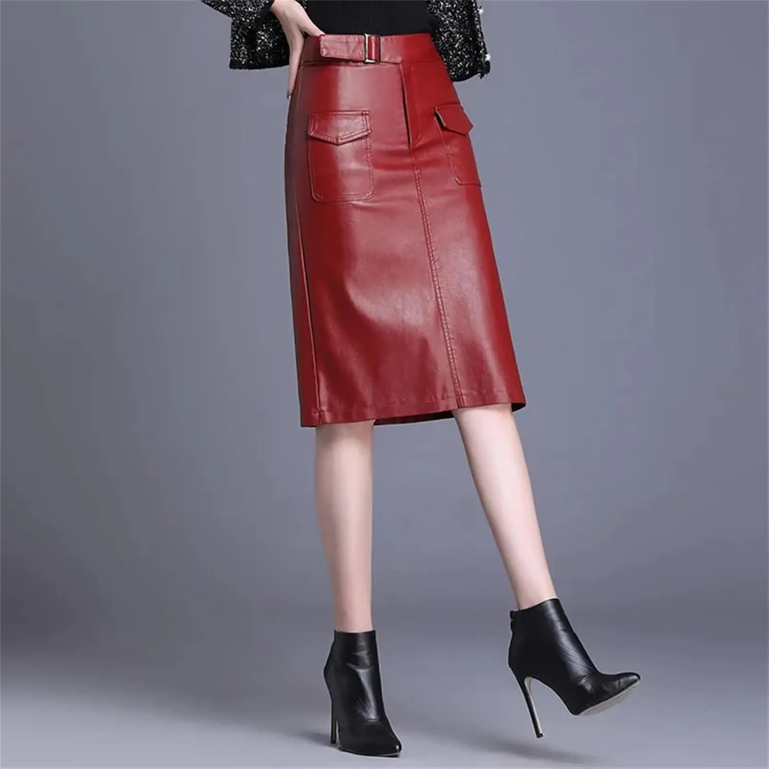 Women Knee Length PU Leather Midi Skirt Solid Color Casual Straight Skirts PU Leather Pencil Skirts