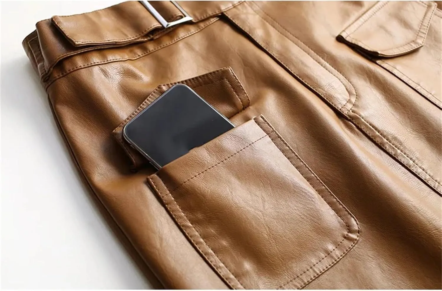 Women Knee Length PU Leather Midi Skirt Solid Color Casual Straight Skirts PU Leather Pencil Skirts