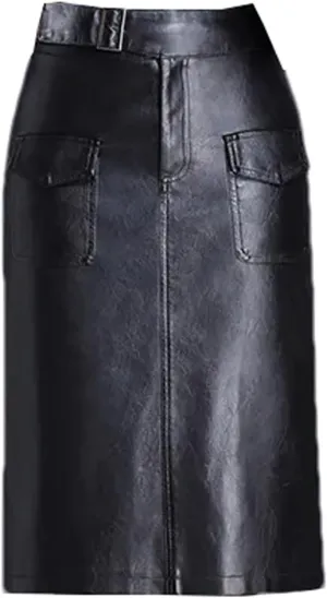 Women Knee Length PU Leather Midi Skirt Solid Color Casual Straight Skirts PU Leather Pencil Skirts