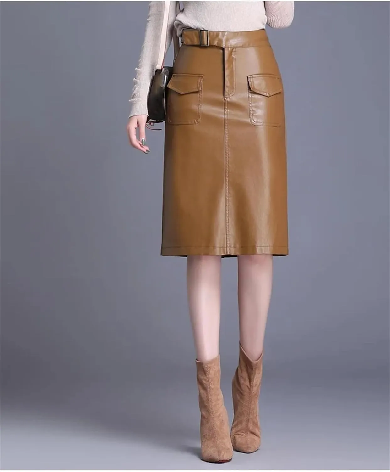 Women Knee Length PU Leather Midi Skirt Solid Color Casual Straight Skirts PU Leather Pencil Skirts