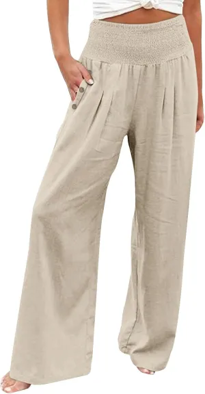 Women Linen Palazzo Pants Wide Leg High Waist Lounge Spring Casual Boho Trousers Travel Vacation Outfit with Pocket