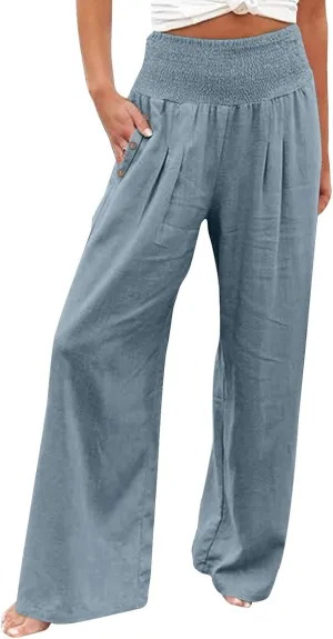 Women Linen Palazzo Pants Wide Leg High Waist Lounge Spring Casual Boho Trousers Travel Vacation Outfit with Pocket