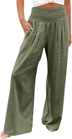 Women Linen Palazzo Pants Wide Leg High Waist Lounge Spring Casual Boho Trousers Travel Vacation Outfit with Pocket
