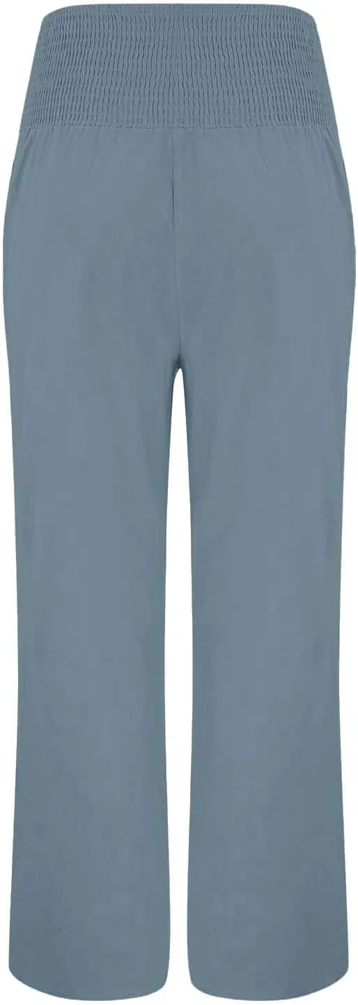 Women Linen Palazzo Pants Wide Leg High Waist Lounge Spring Casual Boho Trousers Travel Vacation Outfit with Pocket