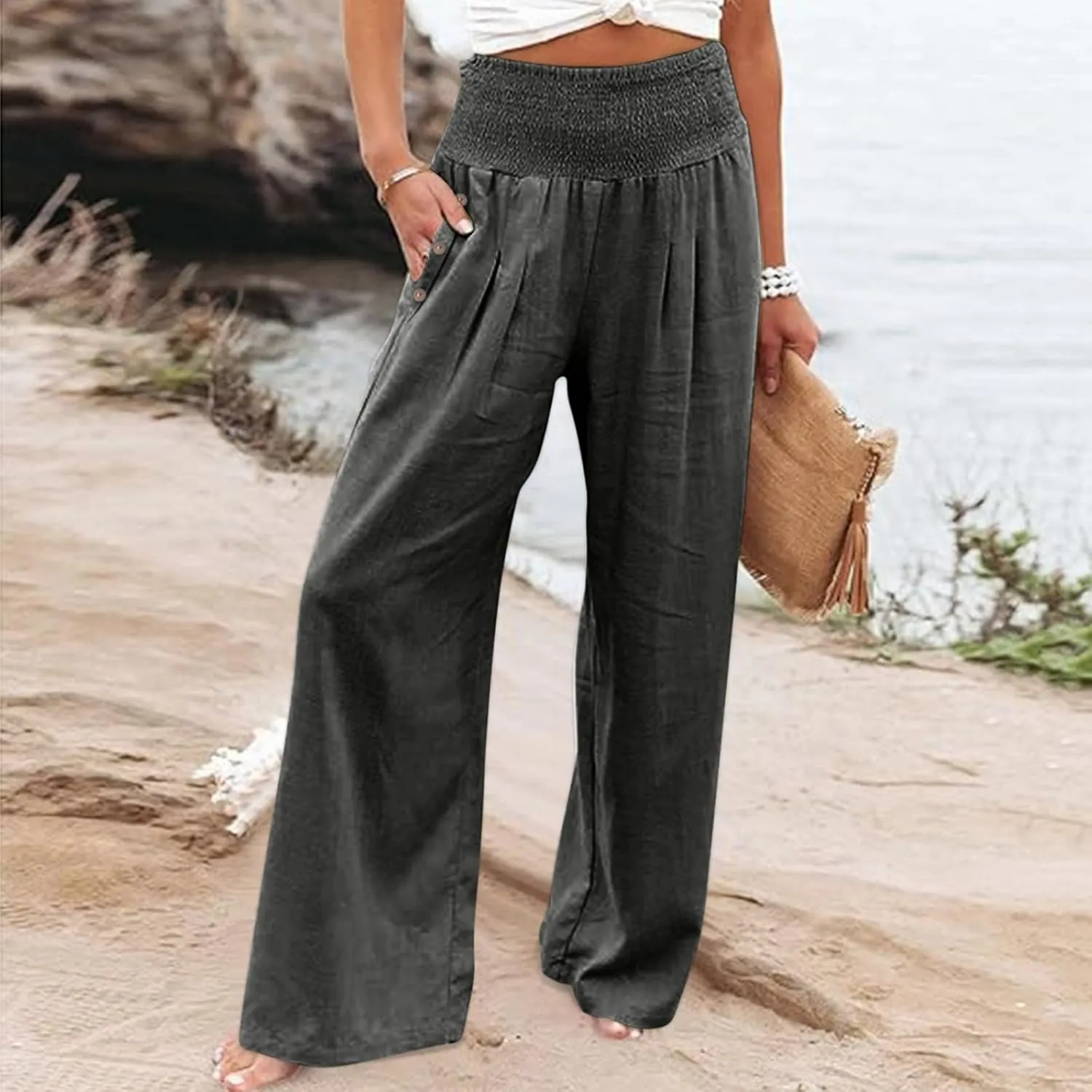 Women Linen Palazzo Pants Wide Leg High Waist Lounge Spring Casual Boho Trousers Travel Vacation Outfit with Pocket