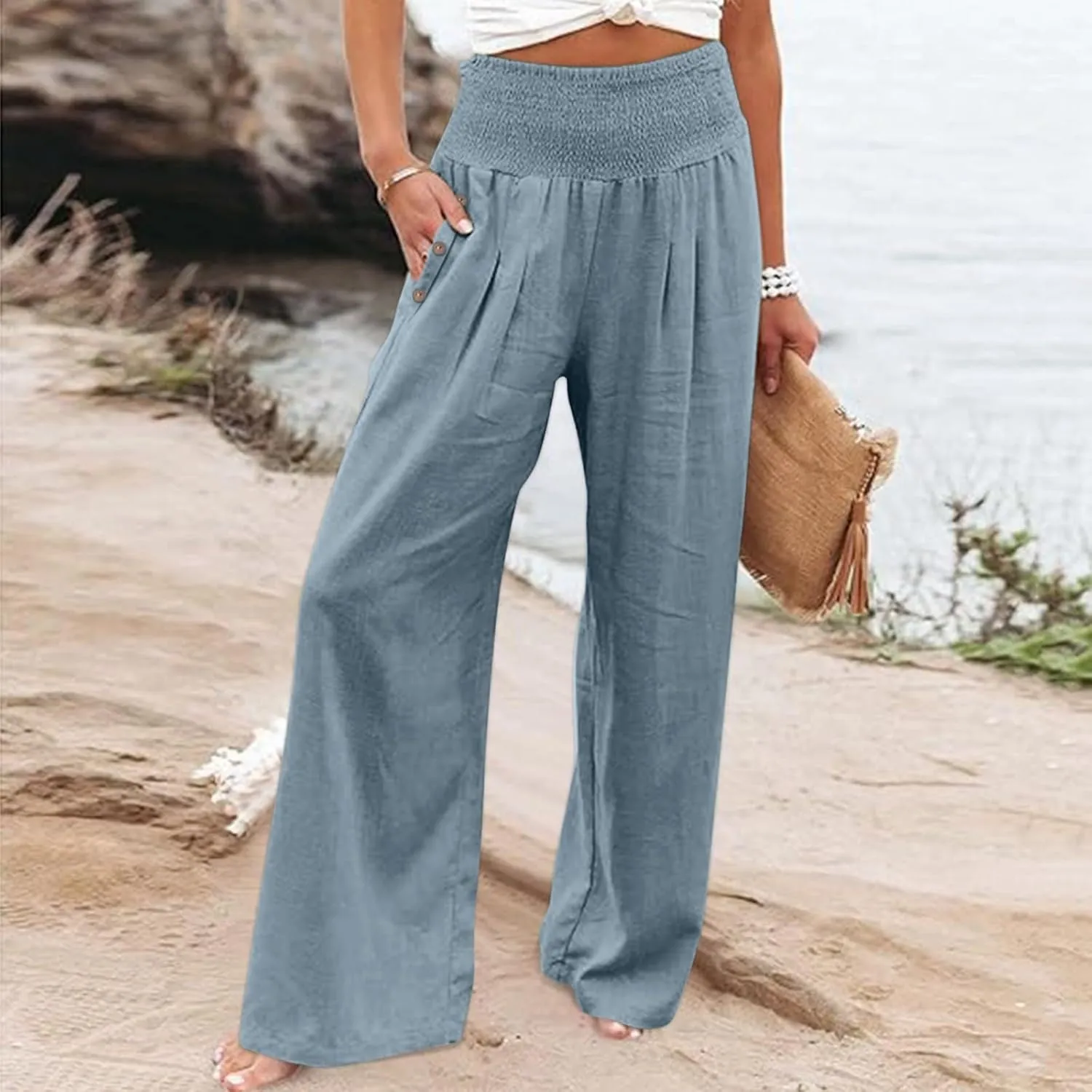 Women Linen Palazzo Pants Wide Leg High Waist Lounge Spring Casual Boho Trousers Travel Vacation Outfit with Pocket