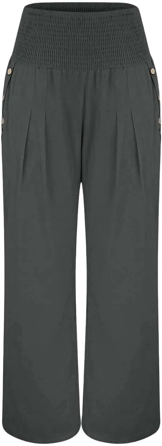 Women Linen Palazzo Pants Wide Leg High Waist Lounge Spring Casual Boho Trousers Travel Vacation Outfit with Pocket