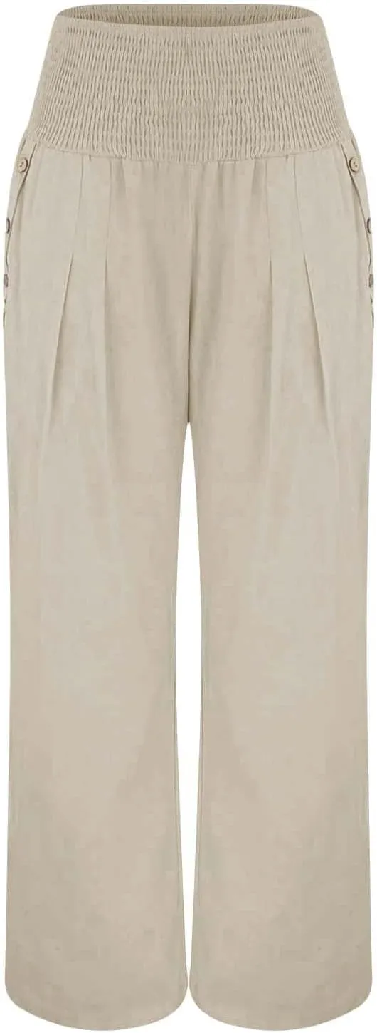 Women Linen Palazzo Pants Wide Leg High Waist Lounge Spring Casual Boho Trousers Travel Vacation Outfit with Pocket