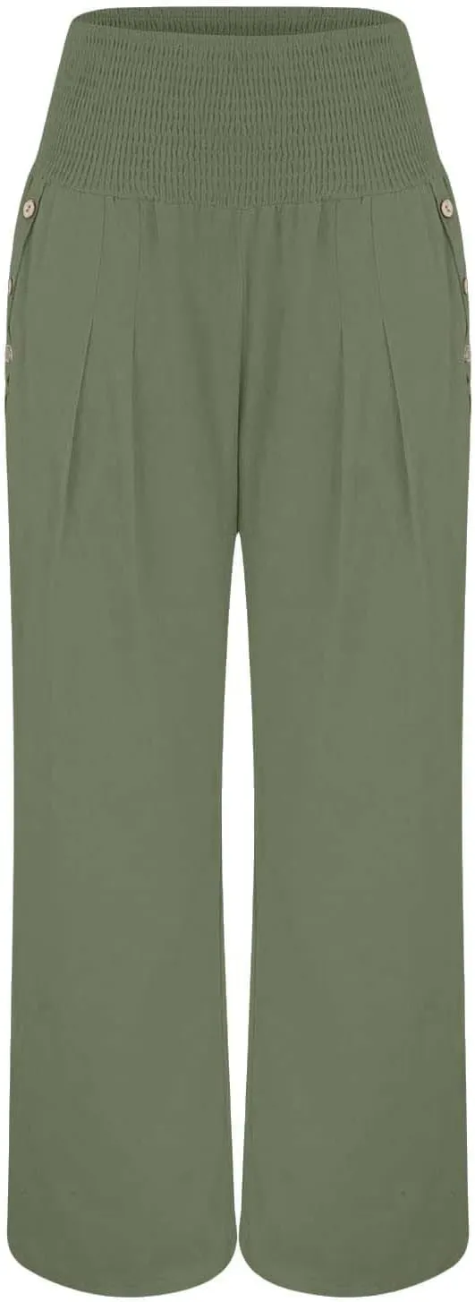 Women Linen Palazzo Pants Wide Leg High Waist Lounge Spring Casual Boho Trousers Travel Vacation Outfit with Pocket