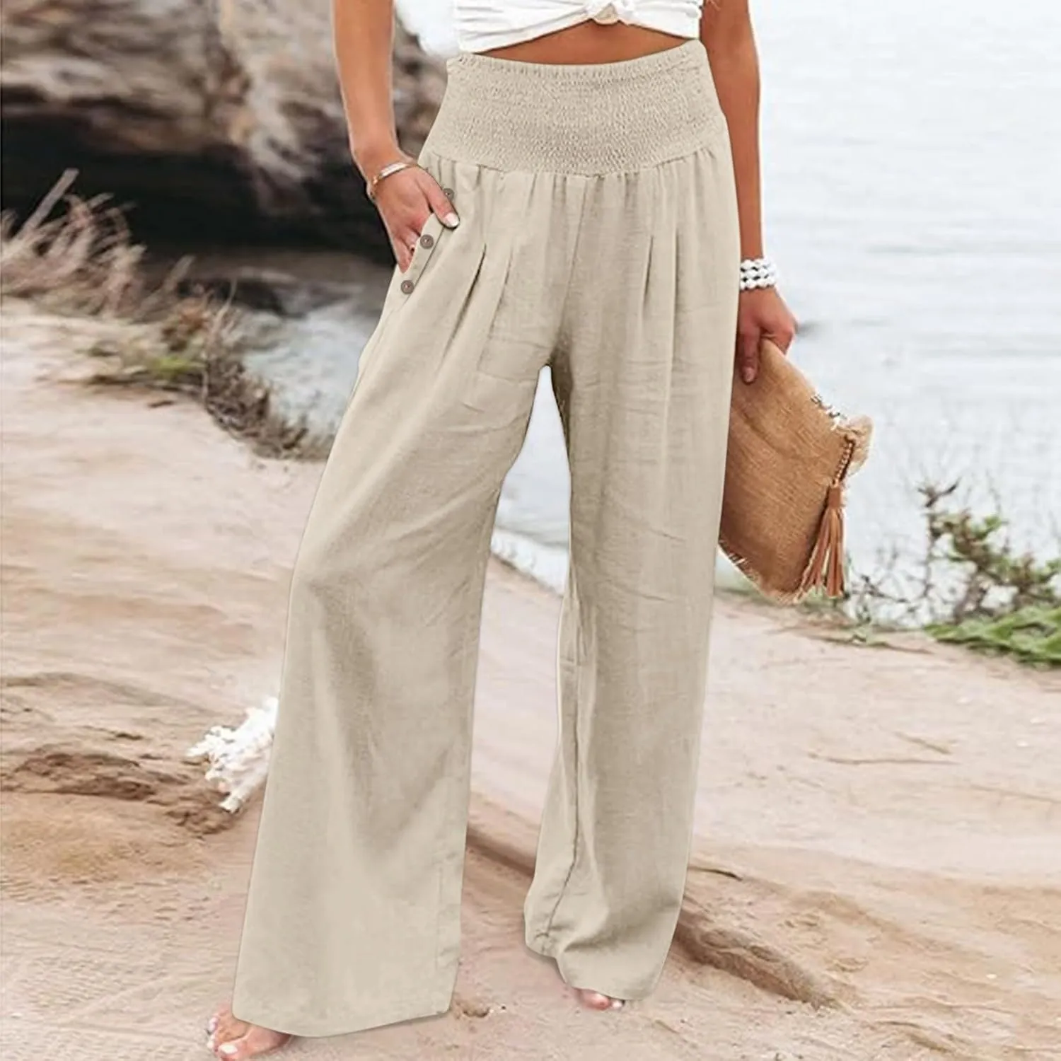 Women Linen Palazzo Pants Wide Leg High Waist Lounge Spring Casual Boho Trousers Travel Vacation Outfit with Pocket