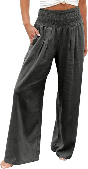 Women Linen Palazzo Pants Wide Leg High Waist Lounge Spring Casual Boho Trousers Travel Vacation Outfit with Pocket
