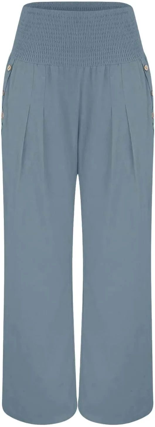 Women Linen Palazzo Pants Wide Leg High Waist Lounge Spring Casual Boho Trousers Travel Vacation Outfit with Pocket