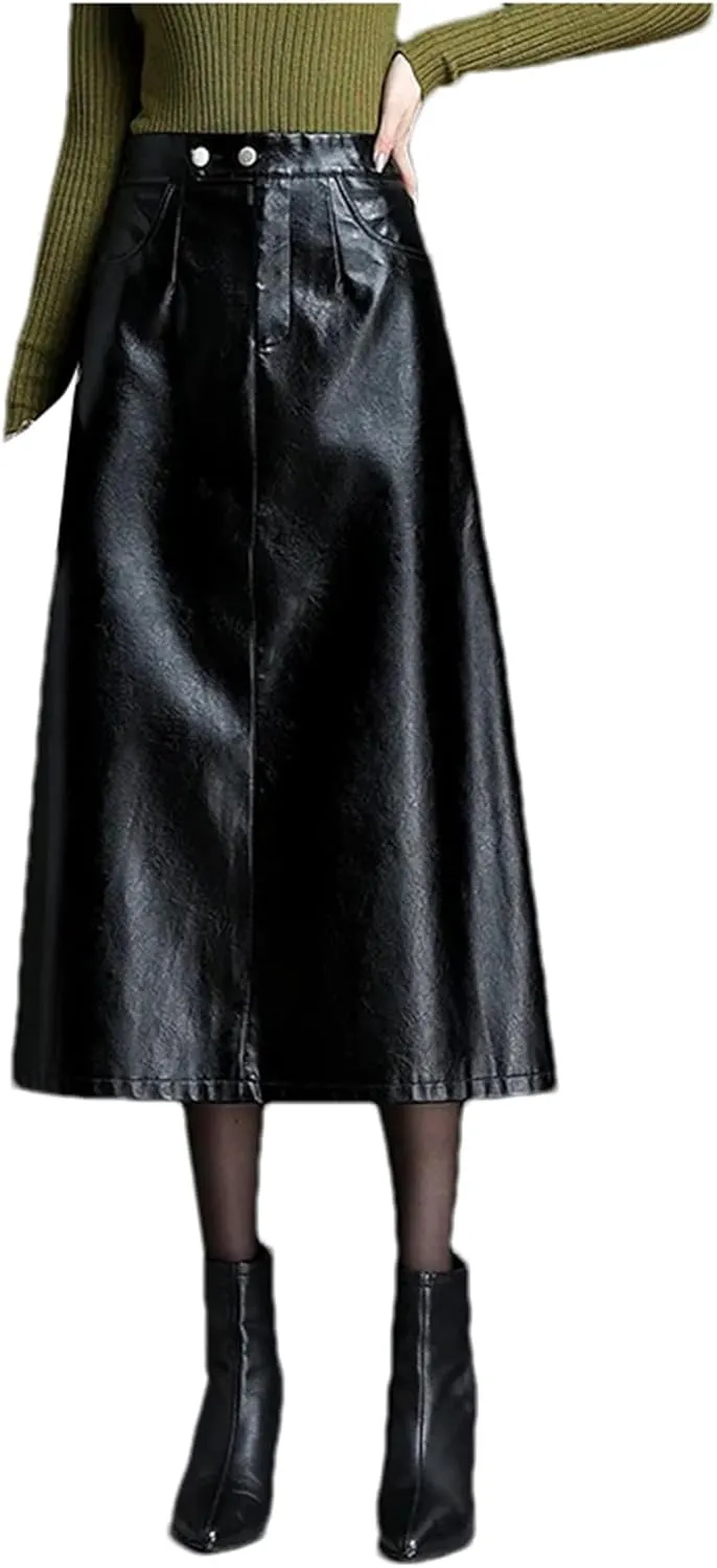 Women Long Pu Leather Skirt Winter High Waisted Pocket Bodycon Pencil Midi Skirt with Slit