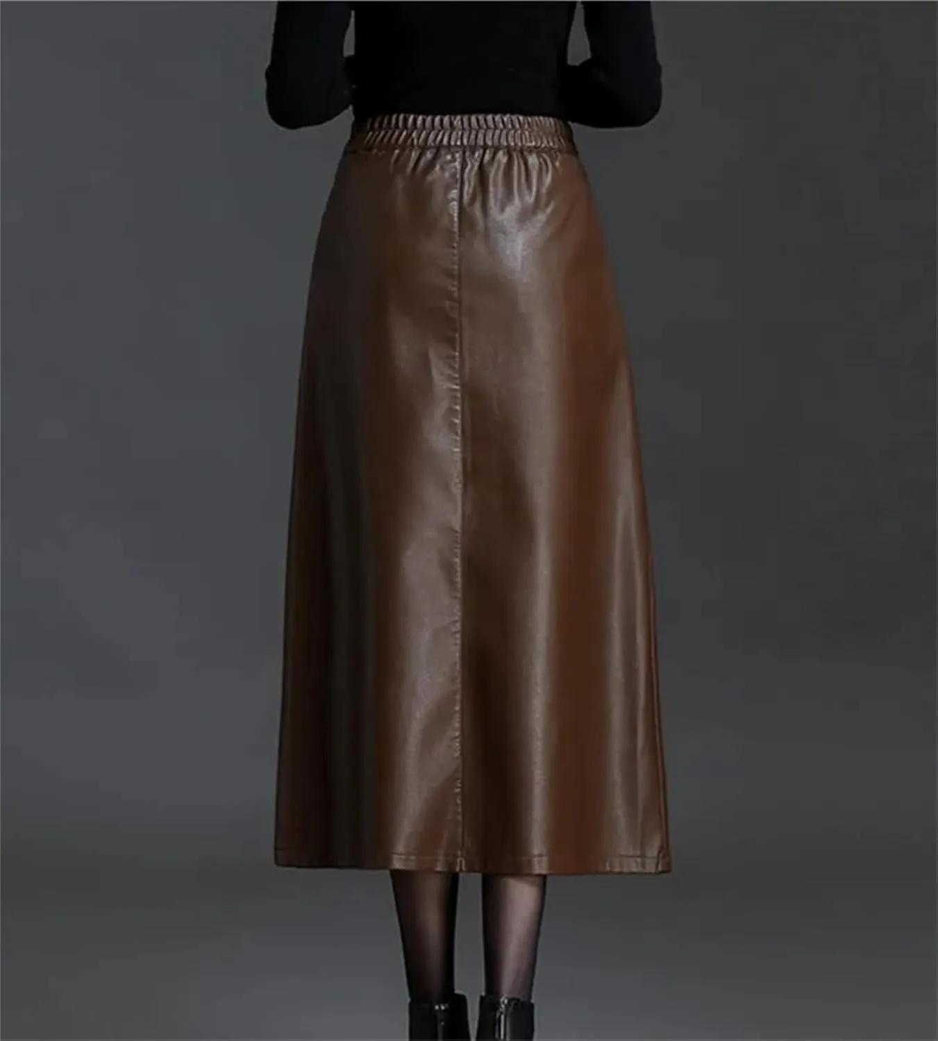 Women Long Pu Leather Skirt Winter High Waisted Pocket Bodycon Pencil Midi Skirt with Slit